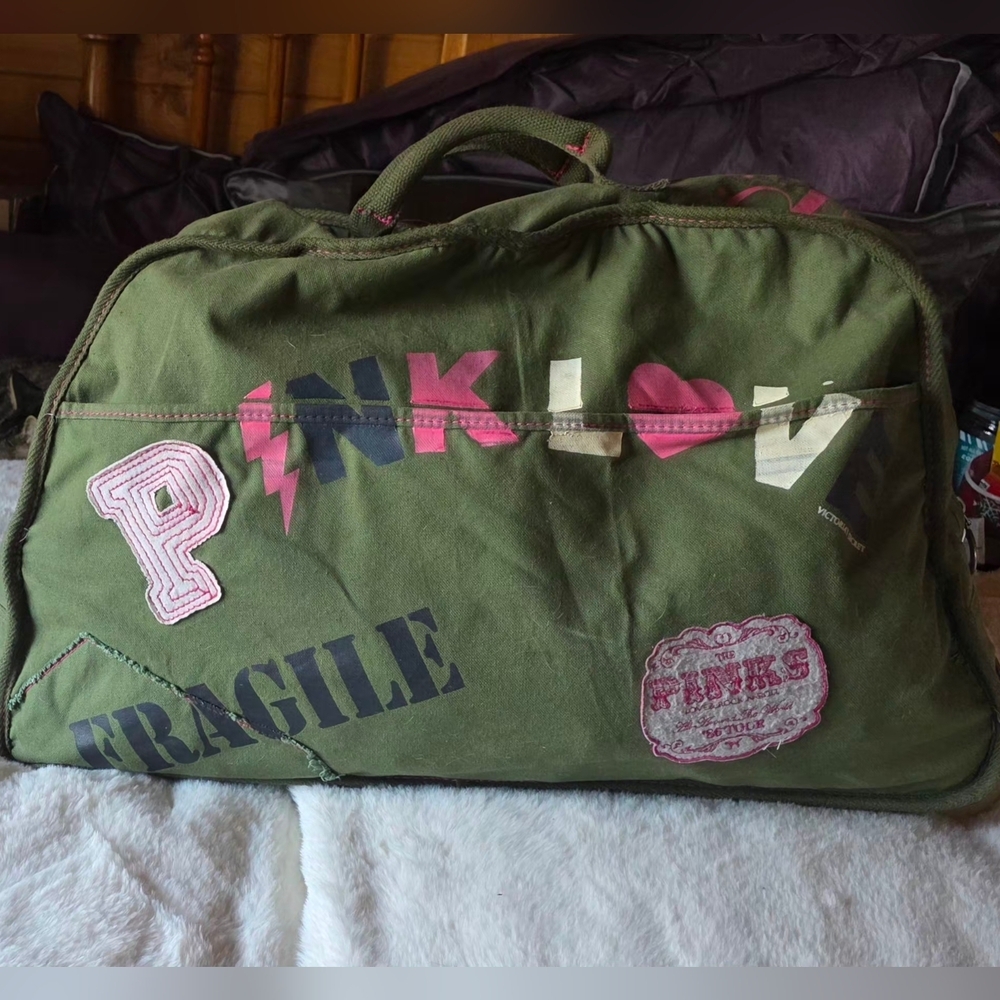 PINK Olive Green and Pink Graphic Weekend Duffel *Rare*